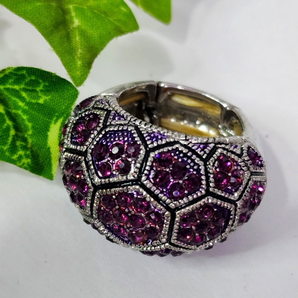 Silver with Purple Crystals Dome Stretch Statement Ring